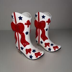 Patriotic 4th of July Stars Bow Boot Vase Planters Red White Blue Set of 2 NEW